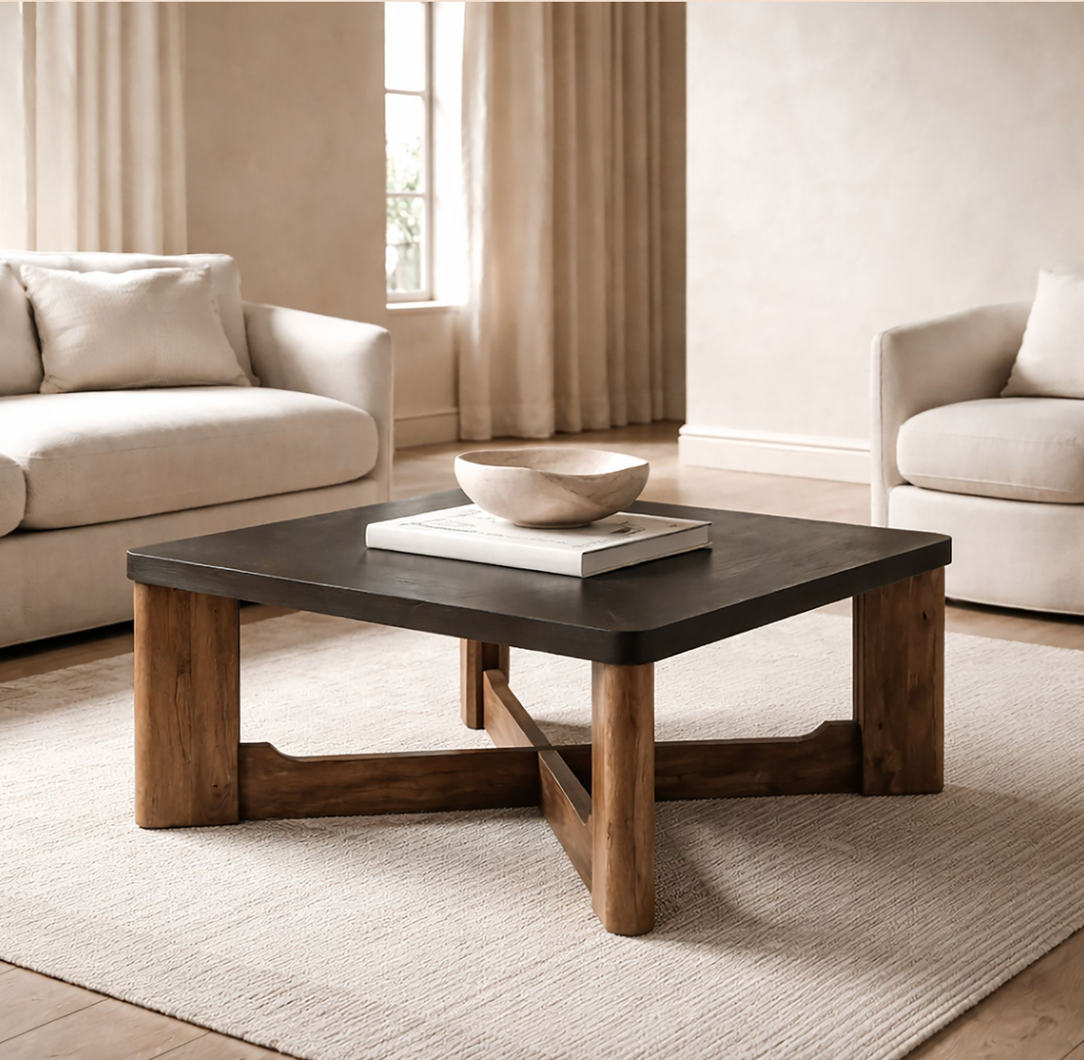 Table basse carrée Merano couleur moka et noyer
