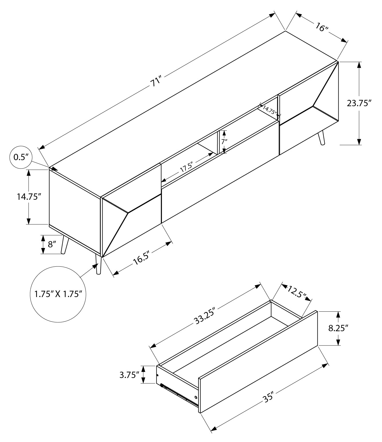 MEUBLE TV - 72"L / NOIR SIMILI-BOIS AVEC D'ENTREPOSAGE